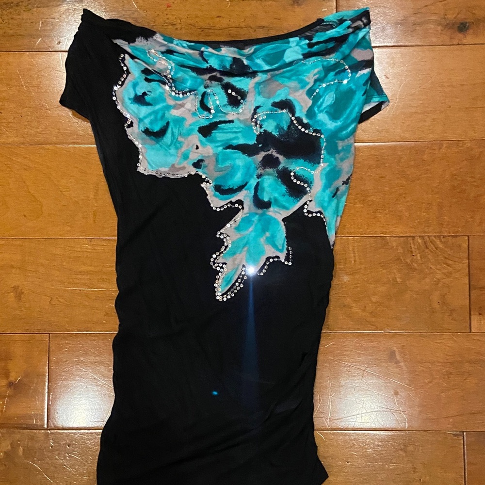INC International Concepts Black and Teal Floral Blouse
